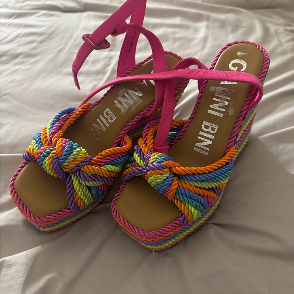 Gianni Bini Hot Pink Multicolor Rope Knot Platform Sandals